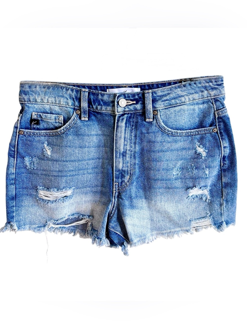 KanCan Distressed Denim Shorts Women’s L Frayed Raw Hem Blue Jean Cutoffs Boho